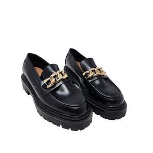 H&M Chunky Platform Loafers Gold Chain Slip On Shoes Faux Leather Black Size 7